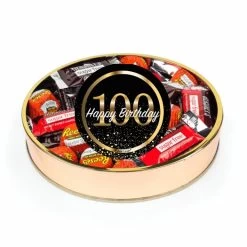 100th Birthday Sugar Free Candy Gift Tin Large Plastic Tin With Sticker And Hershey's Chocolate & Reese's Mix - By Just Candy