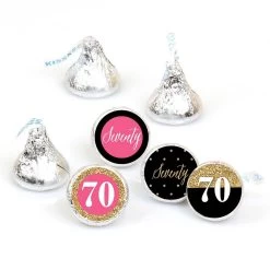 Big Dot Of Happiness Chic 70th Birthday - Pink, Black And Gold - Round Candy Sticker Favors - Labels Fits Chocolate Candy (1 Sheet Of 108)
